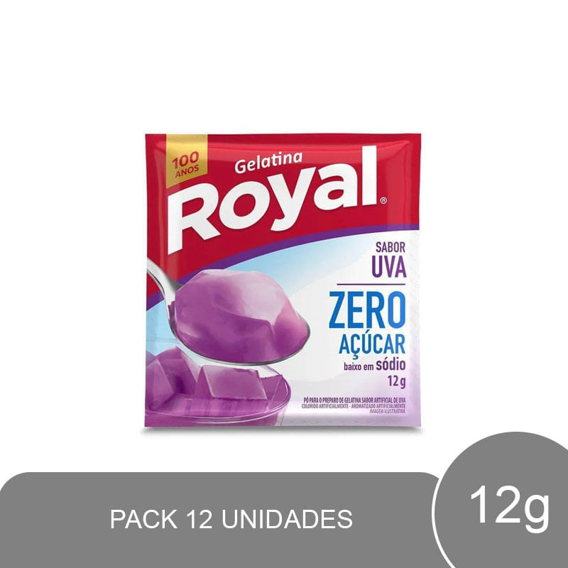 Pack com 12 Envelopes de Gelatina em Pó Zero Royal Uva 12g